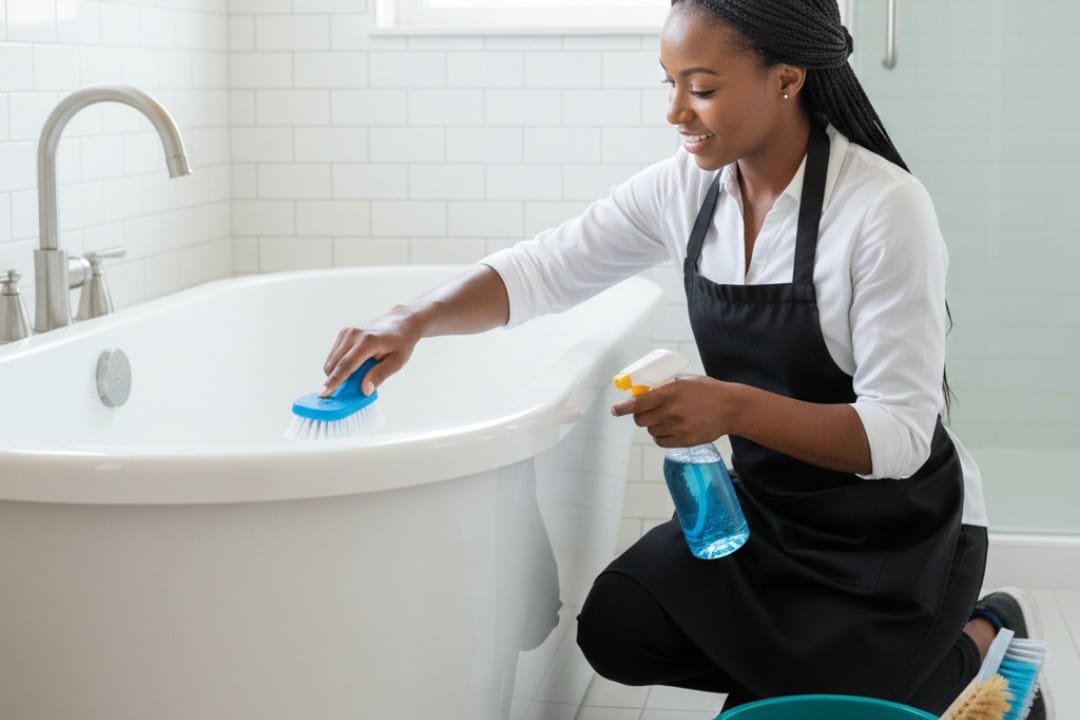 Professional maid service scrubbing and sanitizing a bathtub during a detailed deep cleaning.