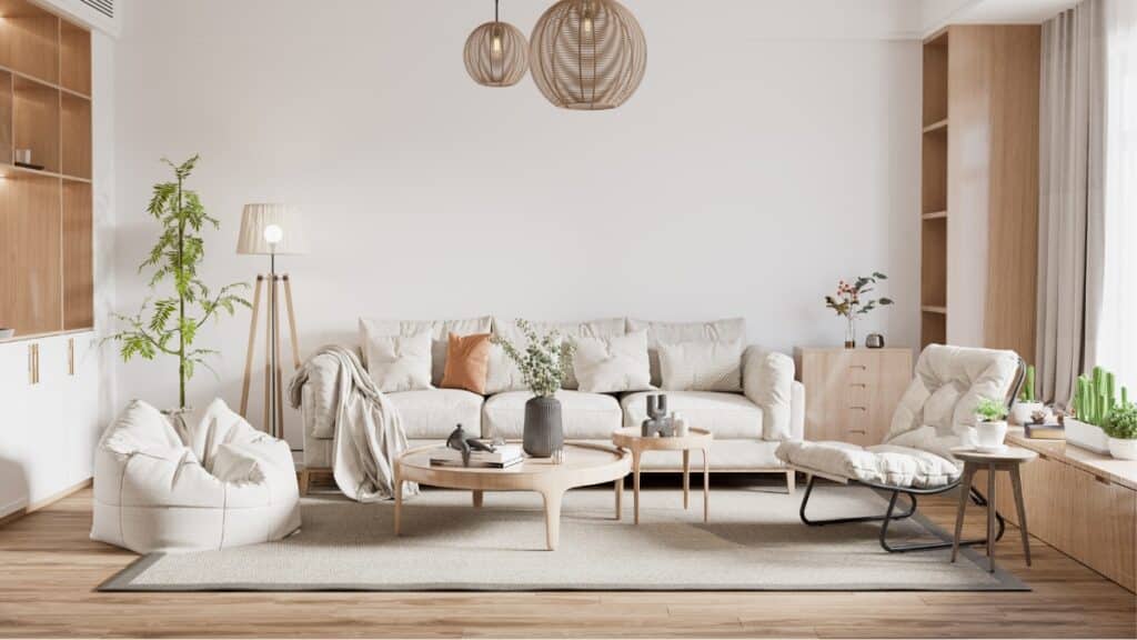 Professionally cleaned living room featuring spotless floors, tidy cushions, and sanitized furniture.