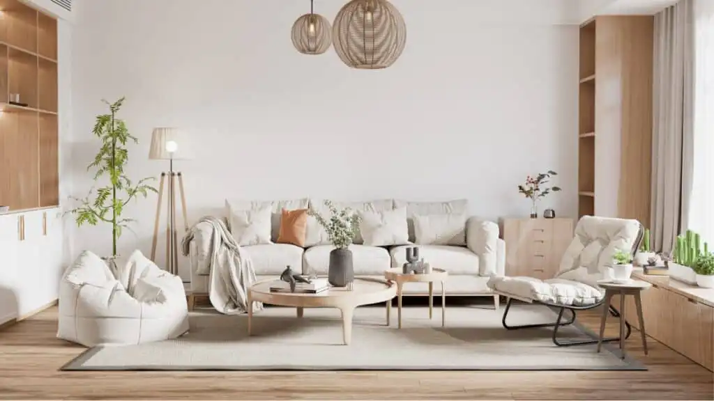 Professionally cleaned living room featuring spotless floors, tidy cushions, and sanitized furniture.